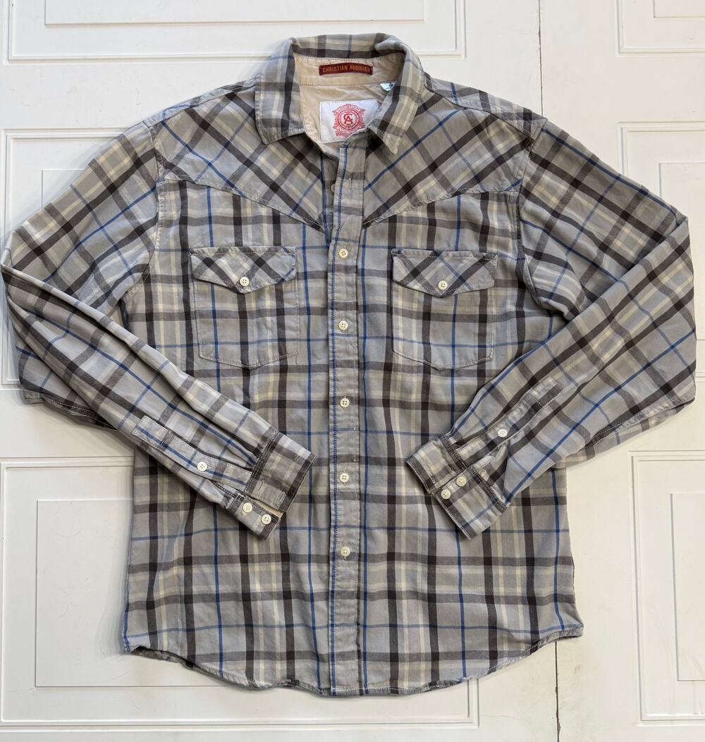 Christian Audigier Mens Sz L Blue Black Cotton Y2K Button Up Shirt Long Sleeve